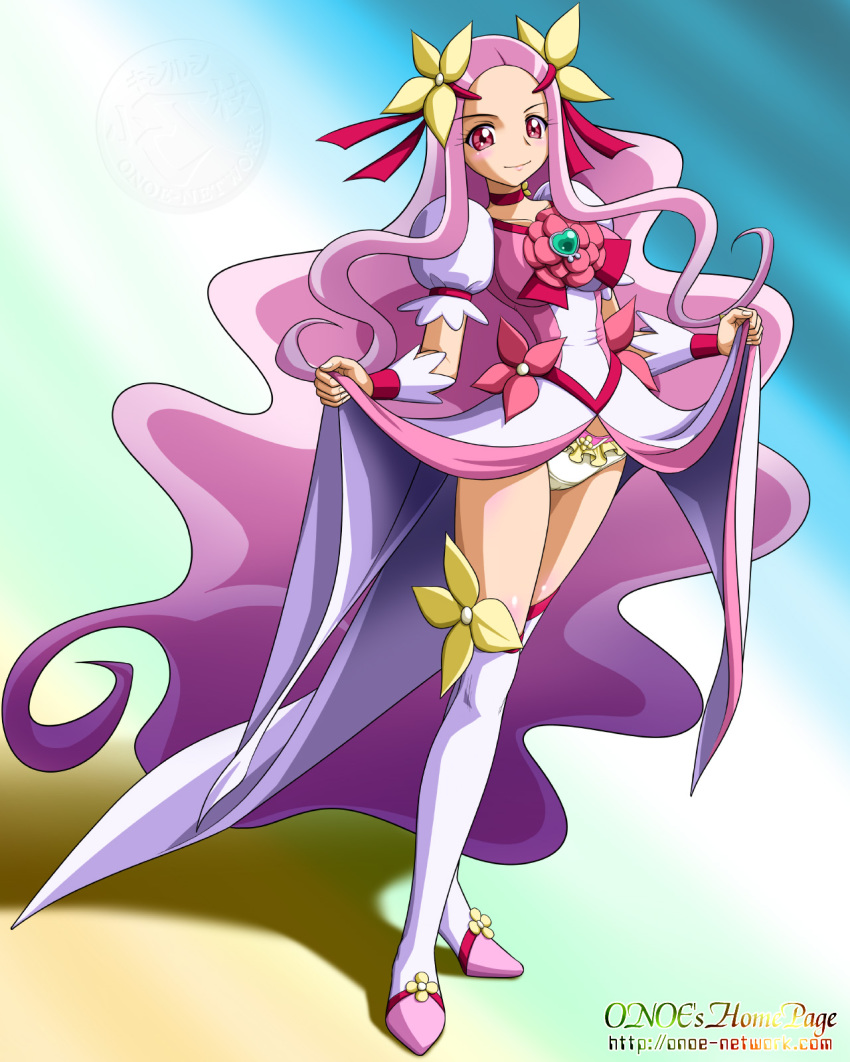 10s 1girl artist_name bad_id bad_pixiv_id blush boots breasts brooch choker cure_flower dress female_focus flower hair_flower hair_ornament hanasaki_kaoruko heart heart_brooch heartcatch_precure! highres jewelry long_hair looking_at_viewer magical_girl onoe panties pink_eyes pink_hair precure smile solo standing thigh_boots thighhighs underwear white_panties wrist_cuffs