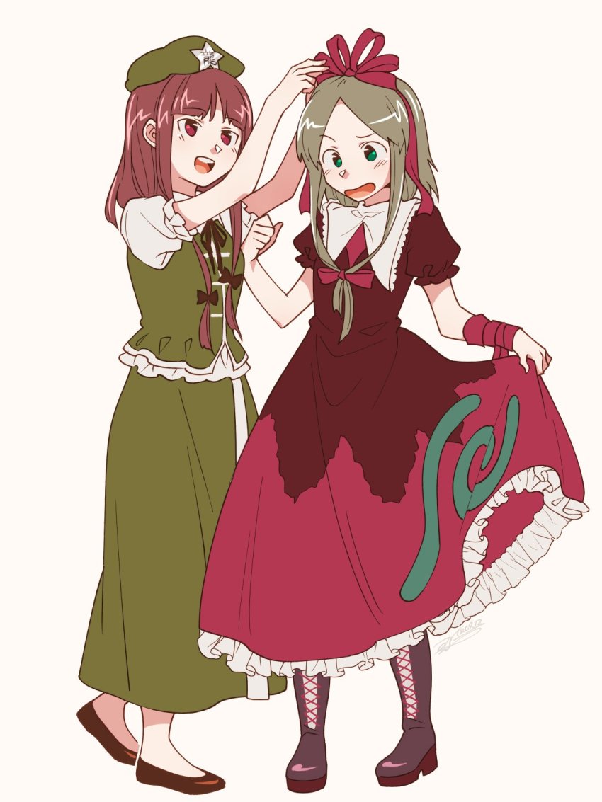 2girls arms_up black_bow blunt_bangs boots bow brown_dress brown_footwear brown_hair clothes_lift commentary_request cosplay dress dress_lift full_body green_eyes green_hair green_hat green_skirt hair_bow hair_ribbon hat highres hong_meiling hong_meiling_(cosplay) kagiyama_hina kagiyama_hina_(cosplay) lace-up_boots lifting_own_clothes long_skirt multiple_girls nishida_satono open_mouth parted_bangs puffy_short_sleeves puffy_sleeves red_dress red_eyes red_ribbon ribbon shikido_(khf) shoes short_sleeves sidelocks simple_background skirt skirt_hold smile standing star_(symbol) teireida_mai touhou white_background wrist_ribbon