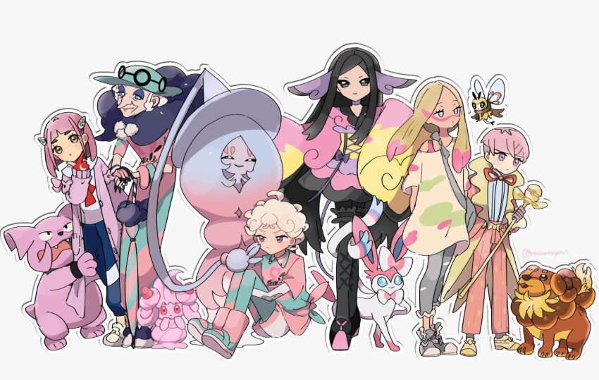 2boys 4girls alcremie bede_(pokemon) black_hair boots brown_eyes closed_mouth coat collared_shirt dachsbun dress eneko_(olavcnkrpucl16a) facepaint frilled_thigh_strap game_freak gen_2_pokemon gen_6_pokemon gen_7_pokemon gen_8_pokemon gloves granbull green_hat hair_ornament hairclip hand_on_own_chin hat hatterene highres holding lacey_(pokemon) leggings long_hair looking_at_viewer mina_(pokemon) multicolored_hair multiple_boys multiple_girls nintendo opal_(pokemon) open_clothes open_coat ortega_(pokemon) outline pants parted_bangs partially_fingerless_gloves pink_hair pokemon pokemon_(creature) pokemon_sm pokemon_sv pokemon_swsh pokemon_xy red_gloves ribombee shirt shoes shorts single_glove sitting standing stroking_own_chin sylveon thigh_strap two-tone_hair valerie_(pokemon)