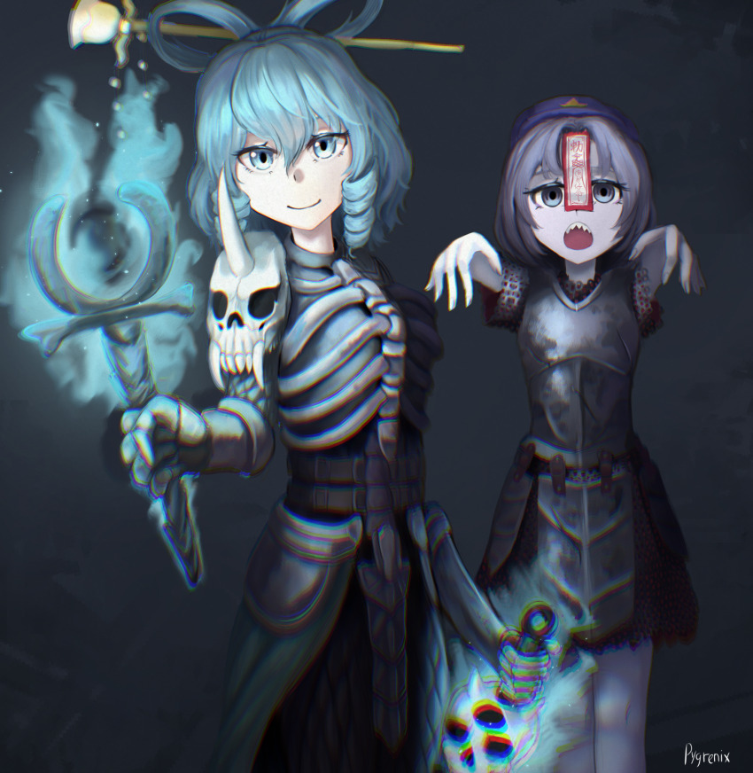 2girls alternate_costume armor black_background blue_eyes blue_hair closed_mouth commission drill_hair drill_sidelocks highres holding kaku_seiga looking_at_viewer miyako_yoshika multiple_girls ofuda open_mouth outstretched_arms purple_eyes purple_hair pygrenix short_hair sidelocks signature simple_background smile teeth touhou upper_teeth_only