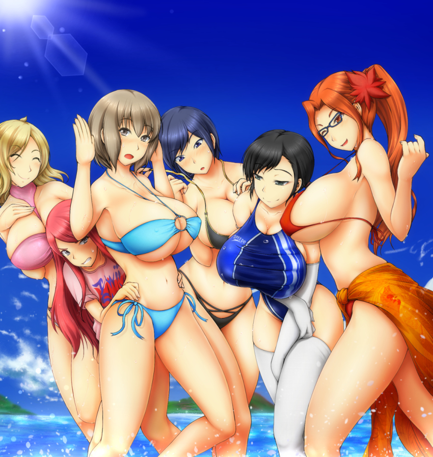 10s 6+girls armpits arms_up ban_airi bikini bikini_top_only black_hair blonde_hair blue_eyes blue_hair blush bol_(liliymimi) breasts brown_eyes brown_hair cleavage closed_eyes devil_survivor_(series) devil_survivor_2 elbow_gloves glasses gloves hair_ornament hiding hiding_behind_another highres huge_breasts kanno_fumi kujou_hinako long_hair matching_hair/eyes multiple_girls navel nitta_io ocean one-piece_swimsuit one_eye_closed open_mouth orange_eyes orange_hair outdoors red_hair sako_makoto short_hair smile string_bikini swimsuit thighhighs thighs water wet white_legwear wink yanagiya_otome