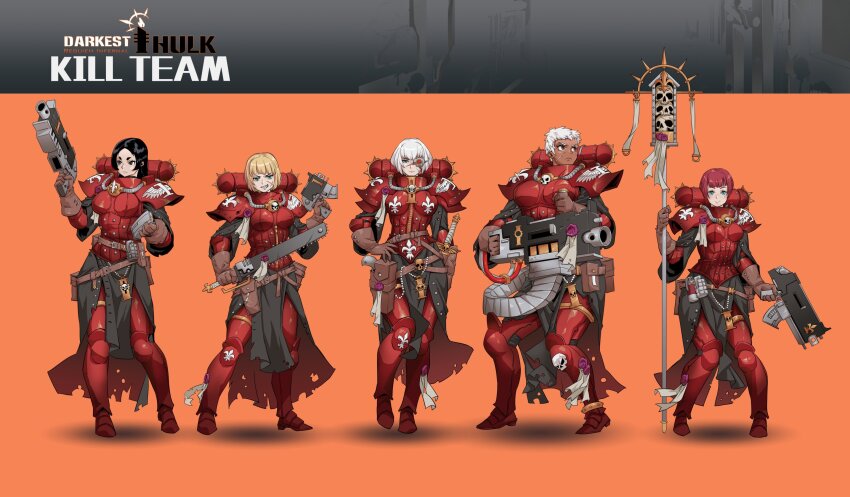 .75_calibre_bolt 5girls adepta_sororitas ammunition anti-materiel_cartridge armor battle_standard black_eyes black_hair blonde_hair blue_eyes bolt_(warhammer_40k) bolter brown_eyes chainsword dark_skin darkest_dungeon dual_wielding explosive eyepatch fleur-de-lis gloves grenade gun hand_on_own_hip handgun heavy_bolter high-explosive_cartridge highres holding looking_at_viewer looking_to_the_side multiple_girls orange_background power_armor power_sword red_armor red_hair rmulderz rocket-assisted_projectile scar scar_on_face sharp_teeth short_hair skirt standard_bearer teeth warhammer_40k weapon white_hair
