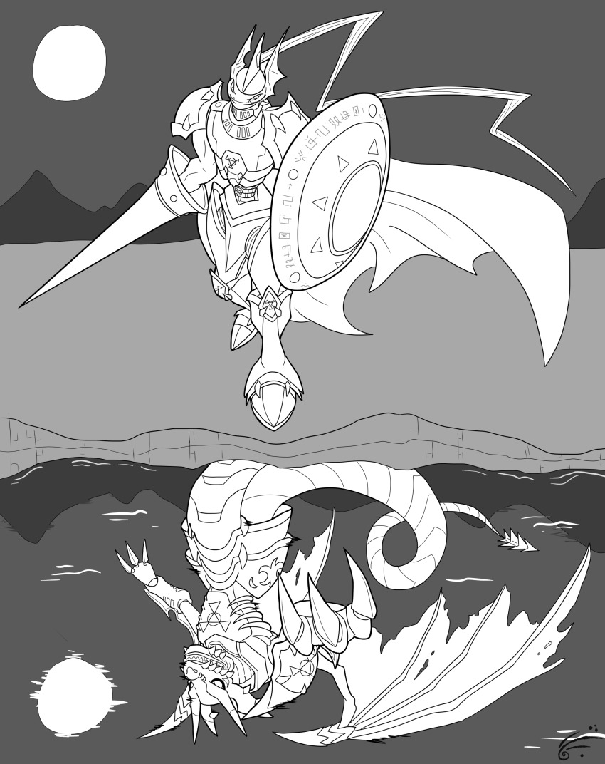 absurdres chaosdukemon digimon digimon_(creature) highres megidramon moon reflection sharp_teeth solo tail teeth
