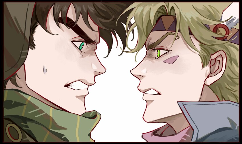 2boys battle_tendency blonde_hair bomber_hat brown_hair caesar_anthonio_zeppeli clenched_teeth close-up eye_contact face-to-face facial_mark feather_hair_ornament feathers fingerless_gloves fur_hat gloves green_eyes green_scarf hair_ornament hat headband highres jo_jun jojo_no_kimyou_na_bouken joseph_joestar joseph_joestar_(young) looking_at_another male_focus multiple_boys pink_scarf profile scarf shaded_face striped_clothes striped_scarf sweatdrop teeth ushanka