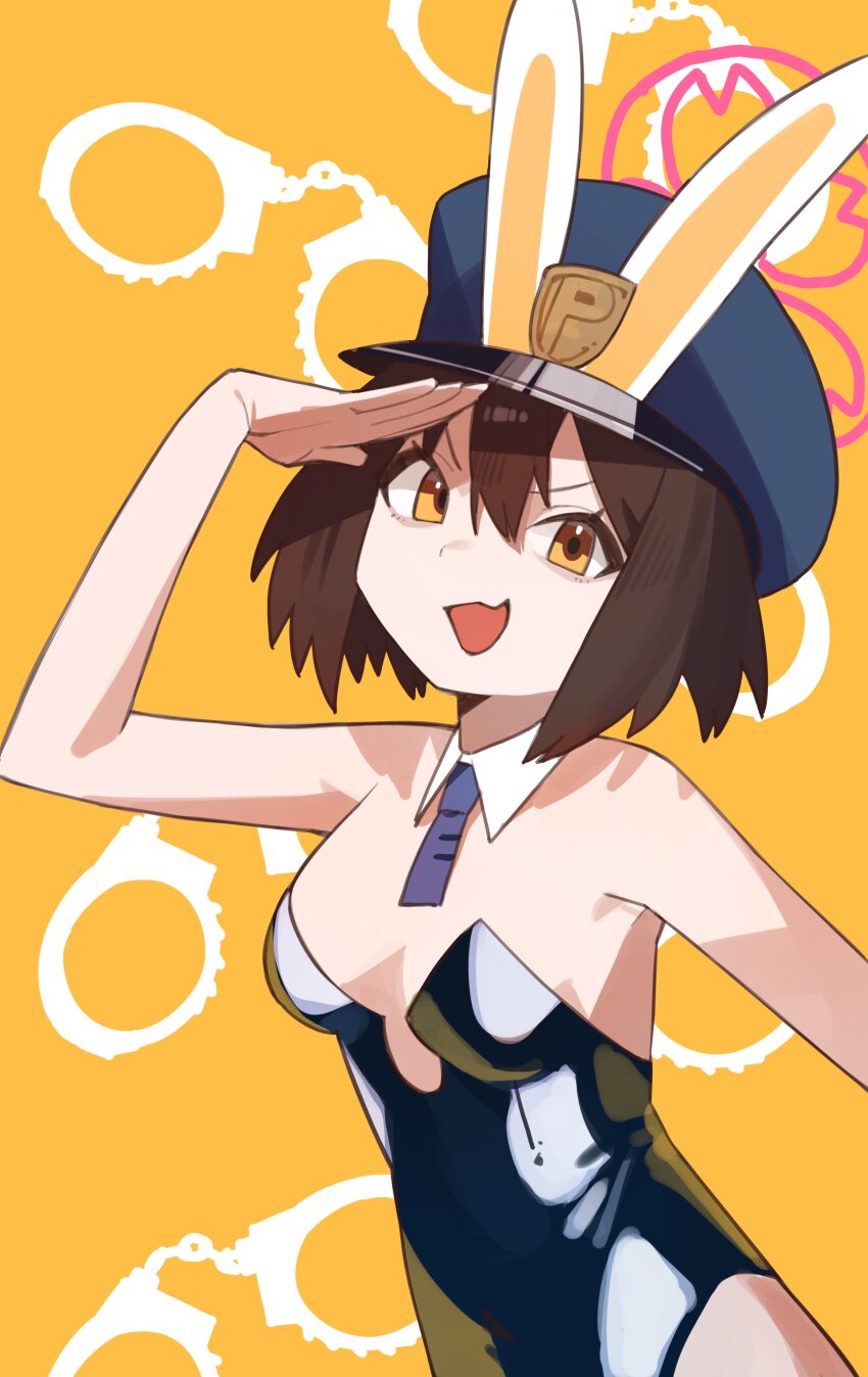1girl absurdres bare_arms blue_archive blue_hat blue_leotard breasts brown_hair detached_collar hair_between_eyes halo hat highres holypotato0 izuna_(blue_archive) leotard open_mouth peaked_cap playboy_bunny red_halo salute short_hair small_breasts smile solo upper_body yellow_background yellow_eyes