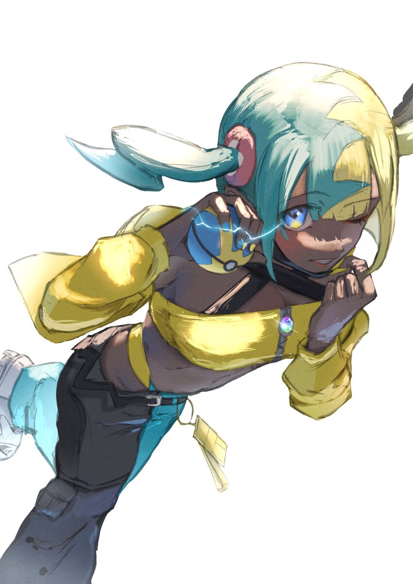 1girl aqua_hair bandeau black_mask black_pants blonde_hair blue_pants blush breasts canari_(pokemon) criss-cross_halter crop_top halterneck highres hirotanien holding holding_poke_ball jacket mask mask_pull medium_breasts mega_stone midriff mouth_mask multicolored_hair navel nintendo one_eye_closed open_mouth pants poke_ball pokemon pokemon_legends:_z-a quick_ball short_twintails smile solo split-color_hair teeth twintails two-tone_hair two-tone_mask yellow_bandeau yellow_jacket yellow_mask