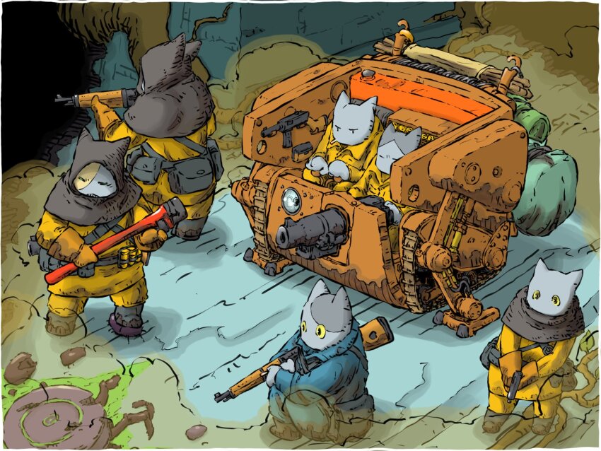 ammunition_pouch bolt_action cannon cat_boy caterpillar gun handgun highres holding holding_gun holding_weapon mas-36 mecha original pipe_wrench pouch rifle robot submachine_gun walker_(robot) weapon weapon_request yabarn