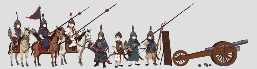 6+girls antique_firearm armor arrow_(projectile) bag bow_(weapon) cannon cannonball chinese_armor chinese_empire fangdan_runiu firearm firelock full_armor gun hat_tassel helmet highres holding holding_polearm holding_weapon horseback_riding jitome lamellar_armor matchlock multiple_girls original polearm quiver riding saber_(weapon) saddle_blanket shield shoulder_bag spear stirrups_(riding) sword tassel weapon