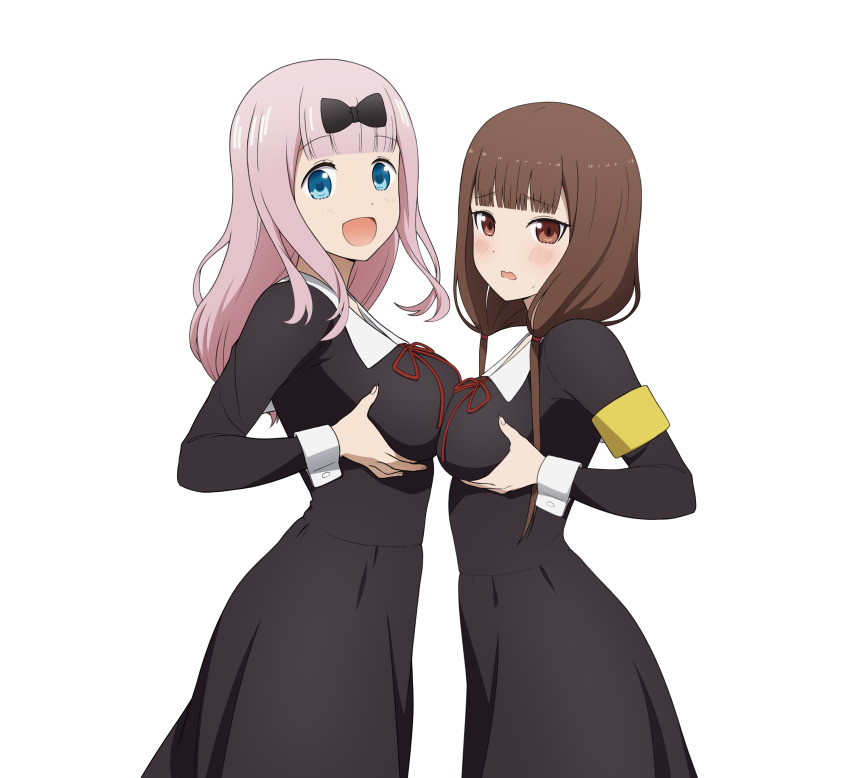 2girls absurdres anime_coloring armband asymmetrical_docking black_bow black_dress blue_eyes blush bow breast_press breasts brown_eyes brown_hair collared_dress commentary coro_fae dress english_commentary fujiwara_chika hair_bow highres iino_miko kaguya-sama_wa_kokurasetai_~tensai-tachi_no_renai_zunousen~ large_breasts long_hair long_sleeves looking_at_viewer low_twintails medium_breasts multiple_girls neck_ribbon official_style open_mouth pink_hair red_ribbon ribbon school_uniform shuuchiin_academy_school_uniform simple_background smile summer_uniform twintails white_background white_wrist_cuffs wrist_cuffs yellow_armband
