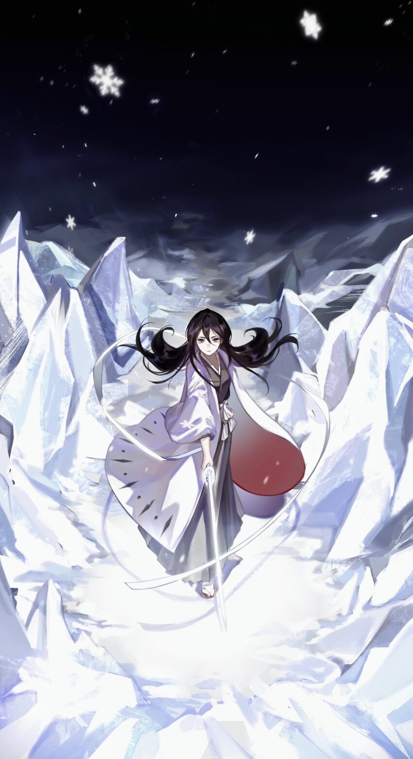 1girl black_hair black_hakama black_kimono black_sky bleach bleach:_epilogue cryokinesis floating_hair glowing glowing_weapon hair_between_eyes hakama haori highres holding holding_sword holding_weapon ice japanese_clothes kimono kuchiki_rukia long_hair mofa_shuimu_jiang obi purple_eyes sandals sash shihakusho sky snowflakes sode_no_shirayuki_(shikai) solo sword tabi taichou_haori weapon white_haori white_sash wide_sleeves zanpakutou