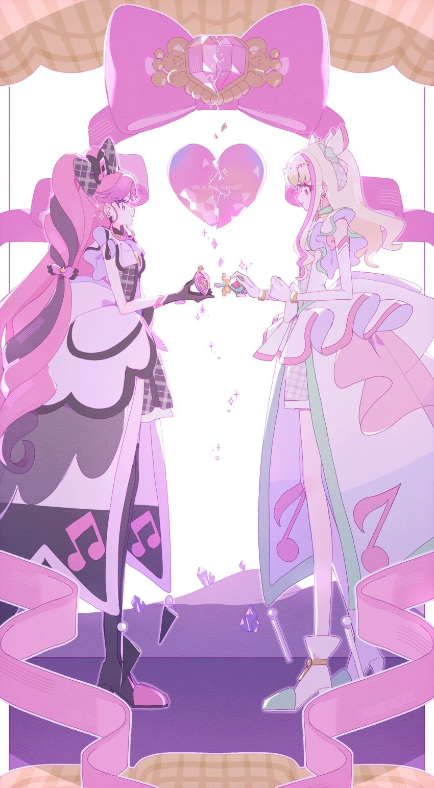 2girls back_ribbon bare_arms black_gloves black_hair blonde_hair blunt_bangs boots bracelet braid breaking broken_glass choker cure_kiss cure_zukyuun curly_hair curly_sidelocks curvy dress earrings facing_to_the_side fortissimo frilled_dress frilled_ribbon frilled_skirt frilled_sleeves frills full_body gingham_dress glass gloves hair_extensions hair_ornament hair_ribbon hair_tie half_gloves hanamaru_(h_a_n_a_maru87) heart heart-shaped_lock heart-shaped_pupils heart_keyhole_panties high_heels highres holding holding_key jewelry key kimi_to_idol_precure knee_boots kneehighs long_hair multiple_earrings multiple_girls musical_note musical_note_hair_ornament parted_bangs pearl_earrings precure puffy_short_sleeves puffy_sleeves ribbon ribbon_choker shattered short_sleeves sidewalk sideways_face single_bare_leg single_bare_shoulder skirt sleeveless socks symbol-shaped_pupils twin_braids twintails twitter_username unlock_the_key very_long_hair white_gloves wing_hair_ornament wrist_cuffs