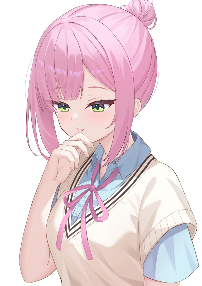 1girl absurdres ayabanka blue_shirt blunt_bangs blush casual collared_shirt commentary eyelashes green_eyes hair_bun hand_up highres looking_down medium_hair neck_ribbon official_alternate_costume official_alternate_hairstyle parted_lips pink_hair pink_lips pink_ribbon ribbon shirt sidelocks simple_background single_hair_bun solo sweater_vest tanikaze_amane tenshi_souzou_re-boot! thinking tsurime upper_body white_background yellow_sweater_vest