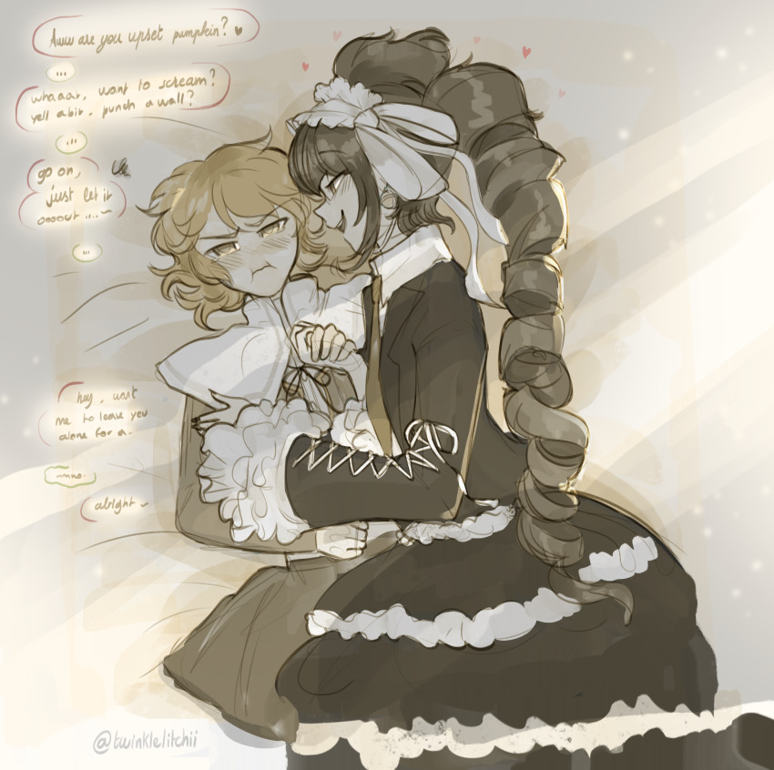1boy 1girl bed_sheet black_jacket black_nails black_skirt blush brown_hair celestia_ludenberg closed_mouth danganronpa:_trigger_happy_havoc danganronpa_(series) earrings frilled_skirt frills fujisaki_chihiro headdress highres jacket jewelry layered_skirt long_hair lying nail_polish on_back pout short_hair skirt trap twinklelitchii