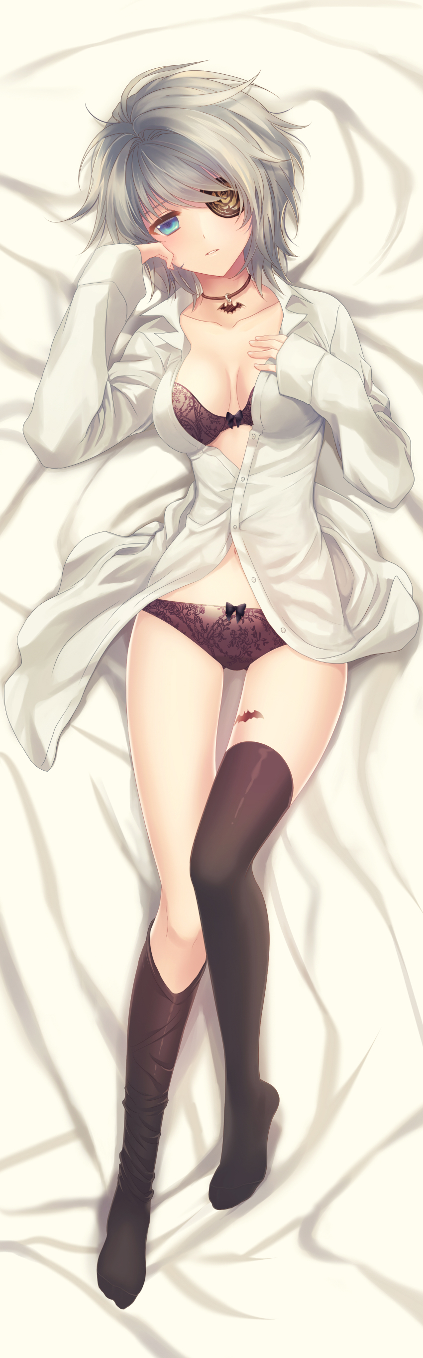 1girl absurdres arm_up bat_(animal) bed bed_sheet black_panties black_thighhighs blue_eyes bow bow_panties bra breasts choker cleavage collarbone dakimakura_(medium) dress_shirt eyepatch female_focus full_body grey_hair head_tilt highres iri_flina jewelry lingerie long_image long_sleeves loose_thighhigh lying midriff navel nearly_naked_shirt necklace on_back open_clothes open_mouth open_shirt panties parted_lips reum scan shirt short_hair sleeves_past_wrists solo sword_girls tall_image tattoo thighhighs underwear