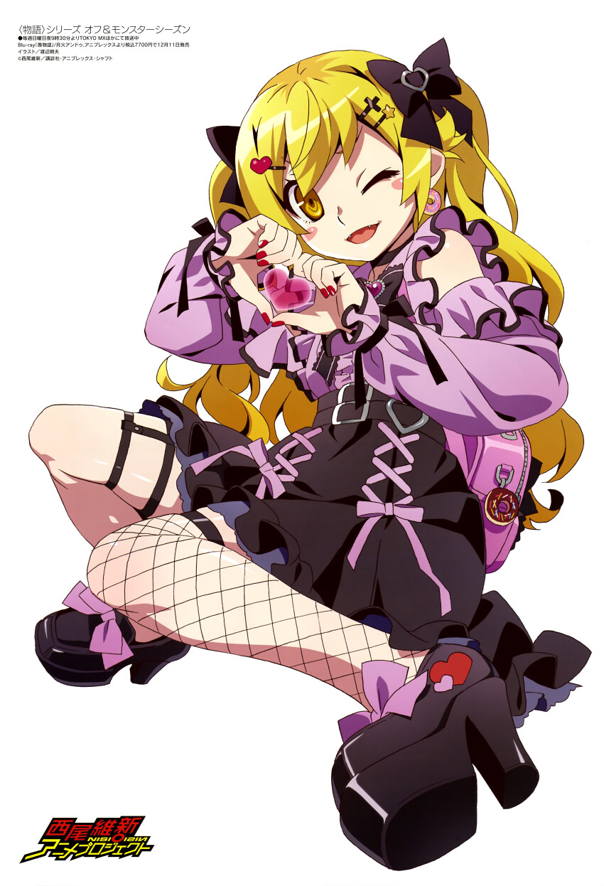 1girl ;d absurdres bag bag_charm belt black_belt black_bow black_choker black_footwear black_skirt blonde_hair blush_stickers bow bowtie center_frills charm_(object) choker cross_hair_ornament donut_earrings earrings fangs fingernails fishnet_thighhighs fishnets food-themed_earrings footwear_bow frilled_skirt frilled_sleeves frills full_body gem hair_bow hair_ornament hairpin hands_up heart heart-shaped_gem heart_hair_ornament heart_hands heart_print high-waist_skirt high_heels highres jewelry long_hair long_sleeves looking_at_viewer magazine_scan megami_magazine miniskirt monogatari_(series) nail_polish official_art one_eye_closed open_mouth oshino_shinobu pink_bag pink_bow pink_gemstone print_footwear purple_shirt red_nails scan shirt shoulder_bag simple_background single_thighhigh skirt sleeve_ribbon smile solo star_(symbol) star_hair_ornament thighhighs translation_request two_side_up watanabe_akio white_background yellow_eyes