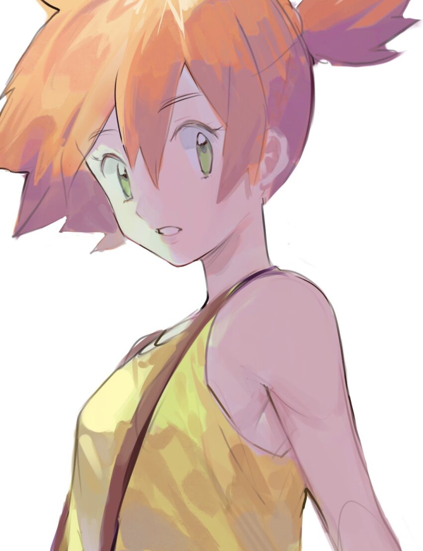 1girl armpits asymmetrical_hair aubz bare_arms blush breasts eyelashes gen_1_pokemon green_eyes highres looking_at_viewer misty_(pokemon) nintendo one_eye_closed orange_hair pokemon pokemon_(anime) pokemon_(classic_anime) ponytail shirt short_hair side_ponytail simple_background sleeveless sleeveless_shirt small_breasts smile solo suspenders upper_body white_background wink yellow_shirt