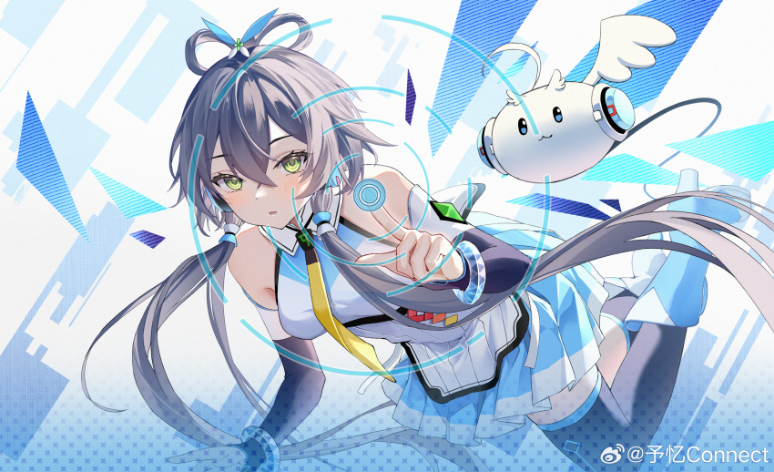 1girl absurdres asymmetrical_legwear bare_shoulders black_socks black_thighhighs blue_boots blush boots chinese_commentary elbow_gloves fingerless_gloves full_body gloves green_eyes grey_hair hair_ornament hair_rings highres long_hair looking_at_viewer luo_tianyi luo_tianyi_v4 necktie pleated_skirt ribbon shirt shoes short_hair_with_long_locks simple_background skirt sleeveless sleeveless_shirt socks solo thighhighs tian_dian twintails vocaloid vsinger_(vocaloid) watermark weibo_username weibo_watermark white_boots white_ribbon wings yellow_necktie