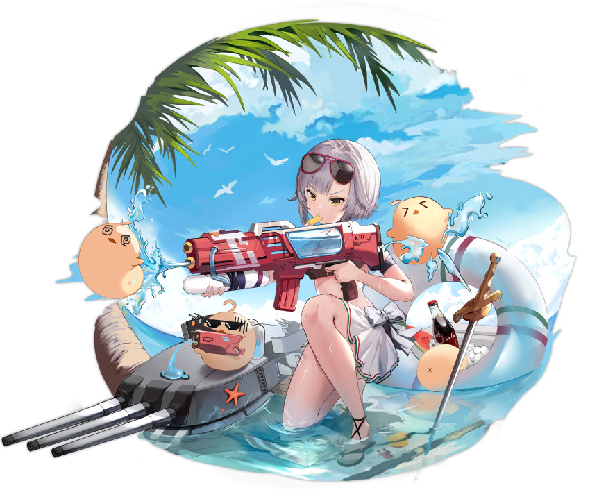 1girl alisa_(kuro_no_sakura) artillery azur_lane blue_sky conte_di_cavour_(azur_lane) conte_di_cavour_(fierce_beachside_battle)_(azur_lane) eyewear_on_head food grey_hair highres innertube manjuu_(azur_lane) official_alternate_costume official_art palm_tree planted planted_sword planted_weapon popsicle ship_turret short_hair sky solo sunglasses swim_ring swimsuit sword transparent_background tree wading water water_gun weapon white_innertube yellow_eyes
