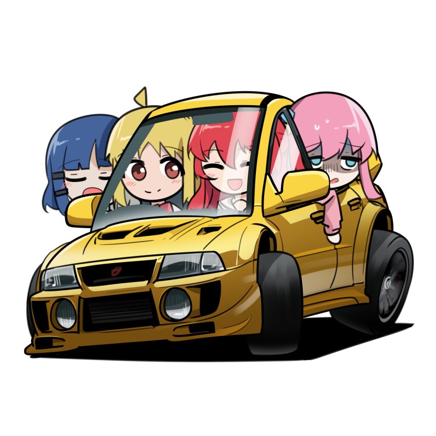 4girls ^_^ blonde_hair blue_hair blush bocchi_the_rock! bow bowtie brown_eyes car closed_eyes commentary cowlick cube_hair_ornament driving english_commentary gotoh_hitori hair_ornament hairclip highres holeecrab ijichi_nijika kita_ikuyo looking_to_the_side mitsubishi_lancer_evolution mitsubishi_motors motion_blur motor_vehicle multiple_girls open_mouth pink_hair red_bow red_bowtie red_hair sailor_collar shaded_face shadow smile white_sailor_collar yamada_ryo yawning yellow_car
