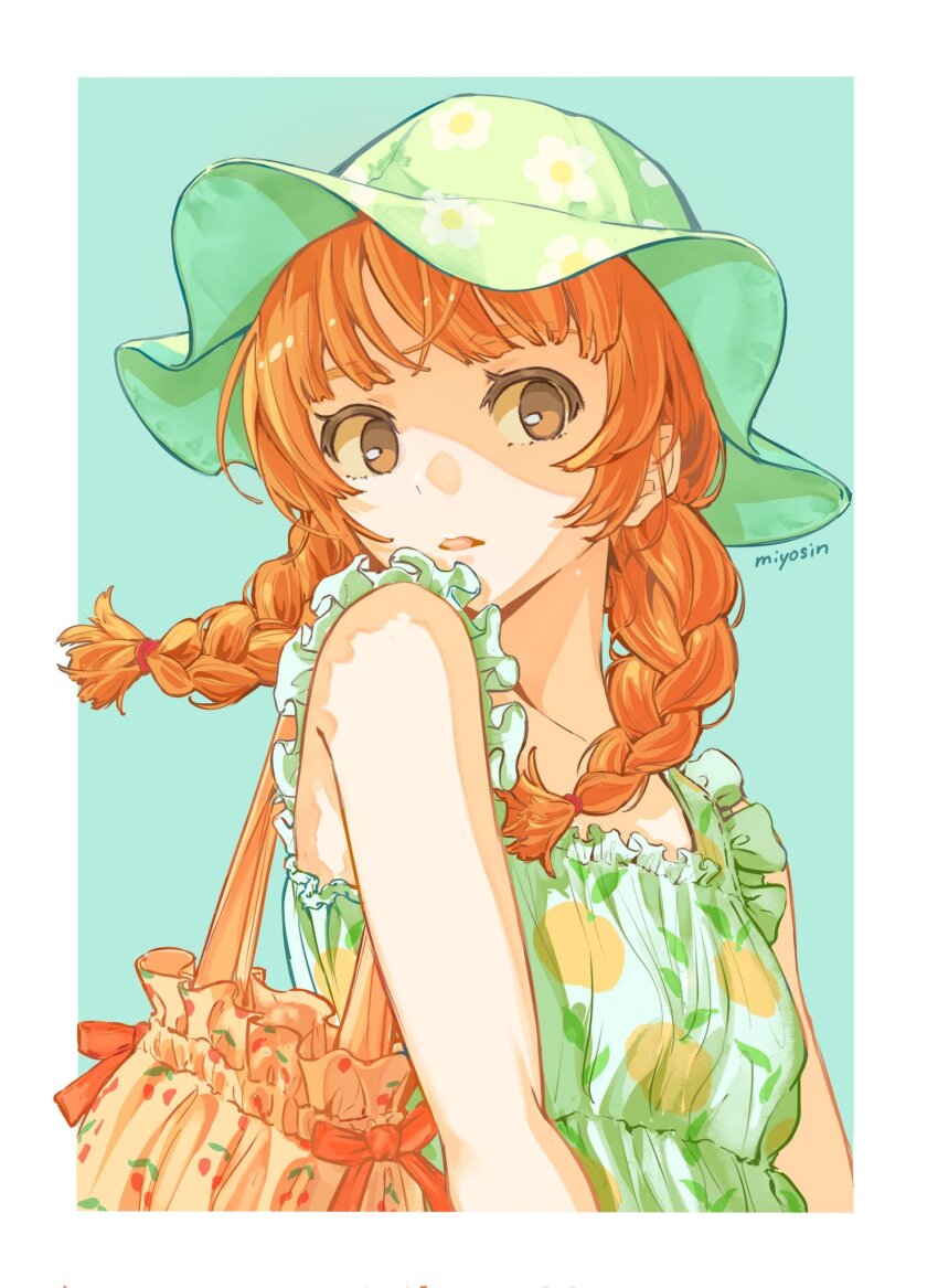 1girl aqua_background artist_name bag border braid brown_hair commentary_request dress floral_print floral_print_headwear food_print frilled_dress frills fruit_print green_dress green_hat hat highres medium_hair miyosin_(cafe_poirot) orange_bag orange_hair orange_print original parted_lips shoulder_bag sideways_glance sleeveless sleeveless_dress solo sun_hat sundress twin_braids upper_body white_border