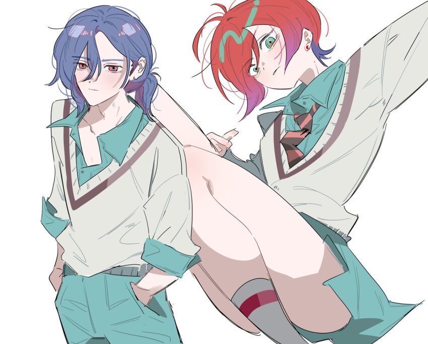 1boy 1girl amate_yuzuriha aqua_eyes aqua_pants aqua_shirt aqua_skirt blue_hair closed_mouth collared_shirt colored_inner_hair gundam gundam_gquuuuuux hand_in_pocket limeindatrap long_sleeves looking_at_viewer multicolored_hair necktie pants ponytail purple_hair red_eyes red_hair school_uniform shirt short_hair shuji_ito simple_background skirt sweater two-tone_hair white_background