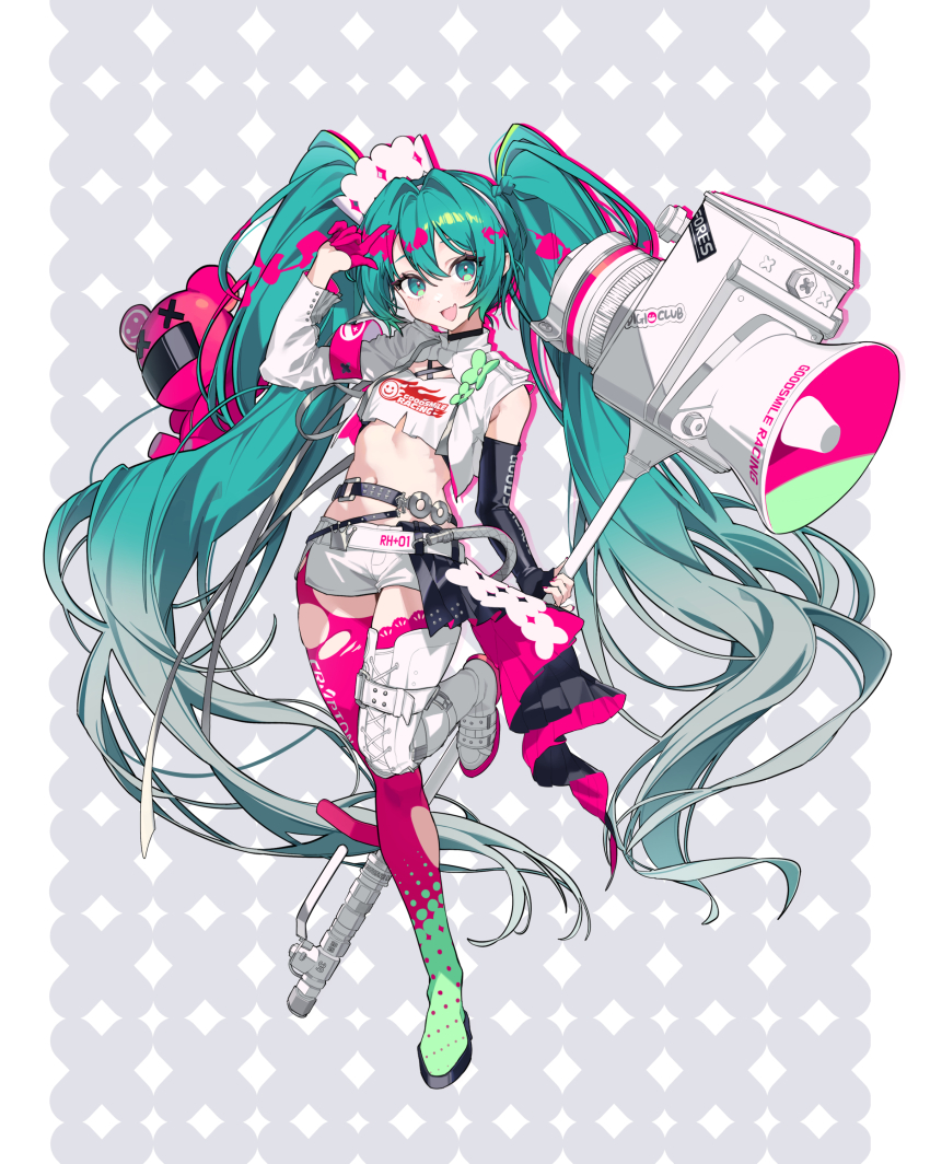 1girl 2hurang absurdres armband belt boots double-parted_bangs fang floating_hair gloves goodsmile_racing green_eyes green_hair hair_between_eyes half_gloves hand_up hashtag-only_commentary hatsune_miku highres holding holding_megaphone index_finger_raised long_hair looking_at_viewer megaphone midriff navel open_mouth pantyhose pink_armband pink_gloves racing_miku racing_miku_(2025) shirt short_shorts shorts single_thigh_boot skin_fang smile solo standing standing_on_one_leg stuffed_animal stuffed_toy teddy_bear thigh_boots torn_clothes torn_pantyhose twintails very_long_hair vocaloid white_belt white_boots white_shirt white_shorts