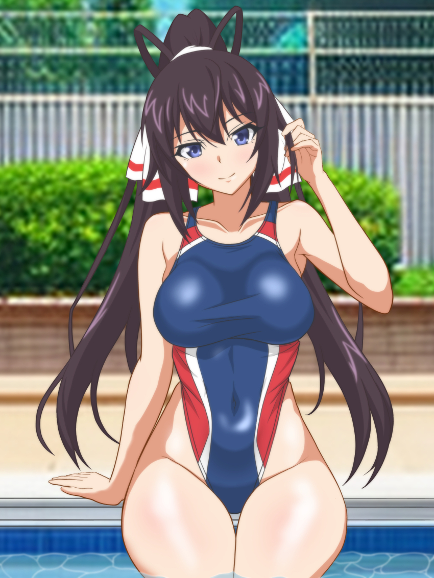 1girl black_hair blue_eyes blue_one-piece_swimsuit breasts competition_swimsuit covered_navel cowboy_shot hata_(pixiv10403940) high_ponytail highleg highleg_one-piece_swimsuit highres infinite_stratos large_breasts long_hair multicolored_swimsuit one-piece_swimsuit ponytail poolside shinonono_houki sitting soaking_feet solo split_ponytail swimsuit thigh_gap