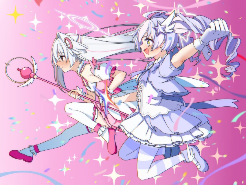 2girls blue_archive drill_hair gloves halo head_wings highres jumping long_hair magical_girl multicolored_hair multiple_girls pink_background reisa_(blue_archive) reisa_(magical)_(blue_archive) res1dents1eeper single_head_wing star_(symbol) suzumi_(blue_archive) suzumi_(magical)_(blue_archive) twin_drills two-tone_hair two-tone_pantyhose wand white_hair wings