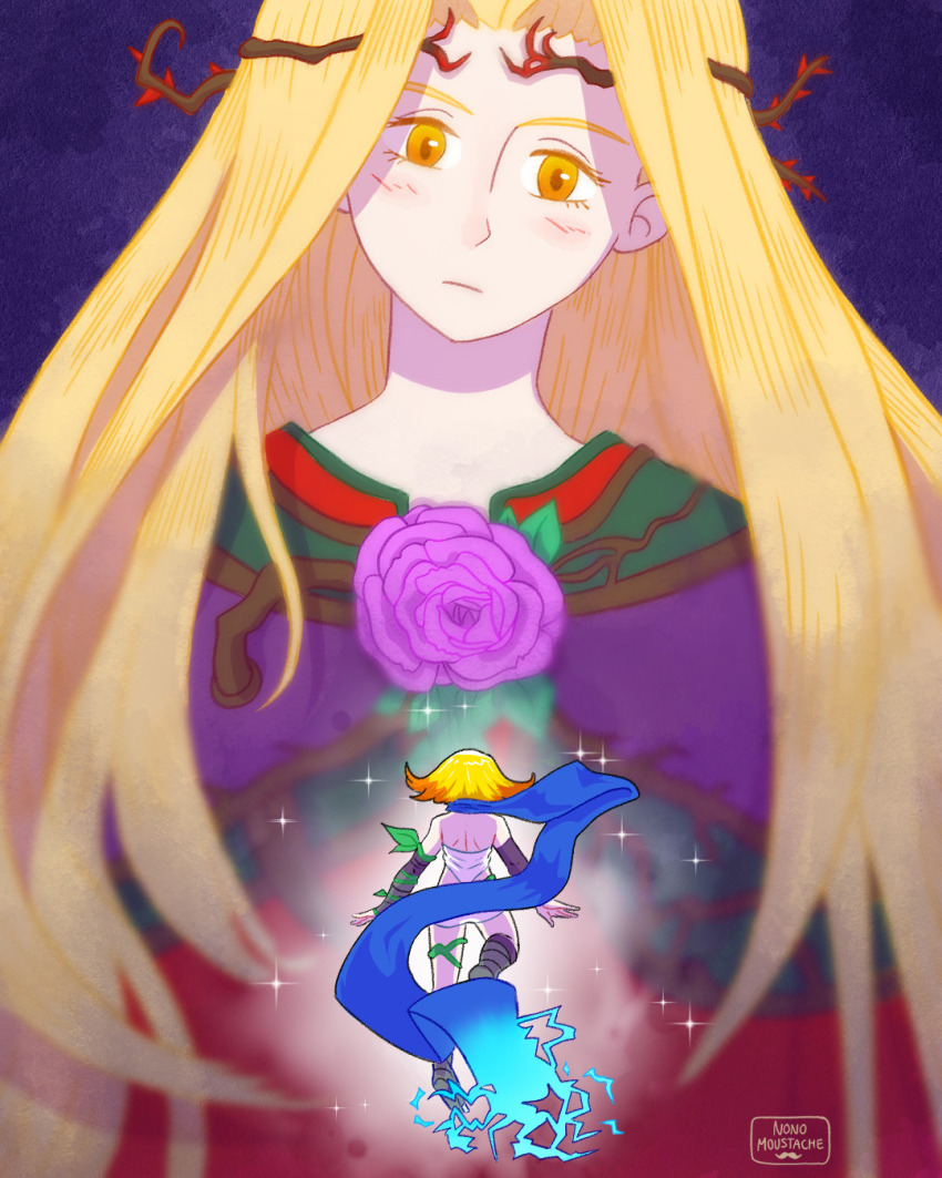 2girls artist_logo blonde_hair blue_scarf flower highres kid_icarus kid_icarus_uprising logo long_hair looking_at_another multicolored_hair multiple_girls nintendo nonomoustache orange_hair phosphora purple_background purple_flower scarf sparkle two-tone_hair very_long_hair viridi yellow_eyes