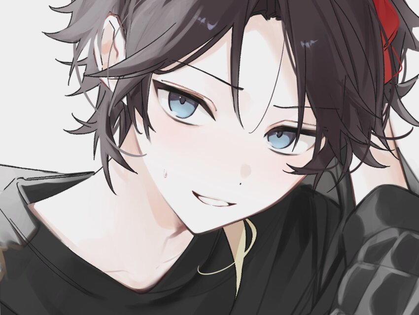 1boy arm_up black_hair black_shirt blue_eyes collarbone crew_neck curtained_hair dot_nose hair_behind_ear looking_to_the_side male_focus misosuupu1216 multicolored_hair nijisanji red_hair saegusa_akina sanpaku shirt sideways_glance smile solo streaked_hair teeth upper_body virtual_youtuber