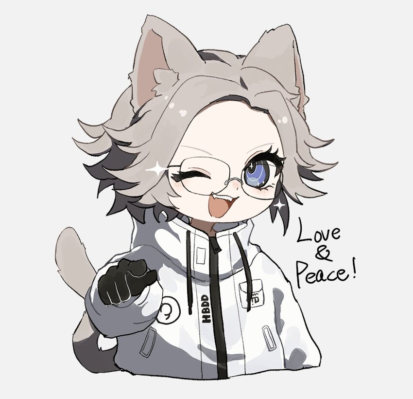1boy :d animal_ears aotsuki_eito black_gloves blue_eyes breast_pocket brown_hair cat_ears cat_tail catchphrase chibi chibi_only cropped_torso drawstring english_text fangs glasses gloves highres jacket kemonomimi_mode male_focus one_eye_closed open_mouth pocket pointing pointing_at_viewer short_hair simple_background smile solo sparrowhabird tail teeth the_hundred_line_-last_defense_academy- upper_teeth_only white_background white_jacket zipper