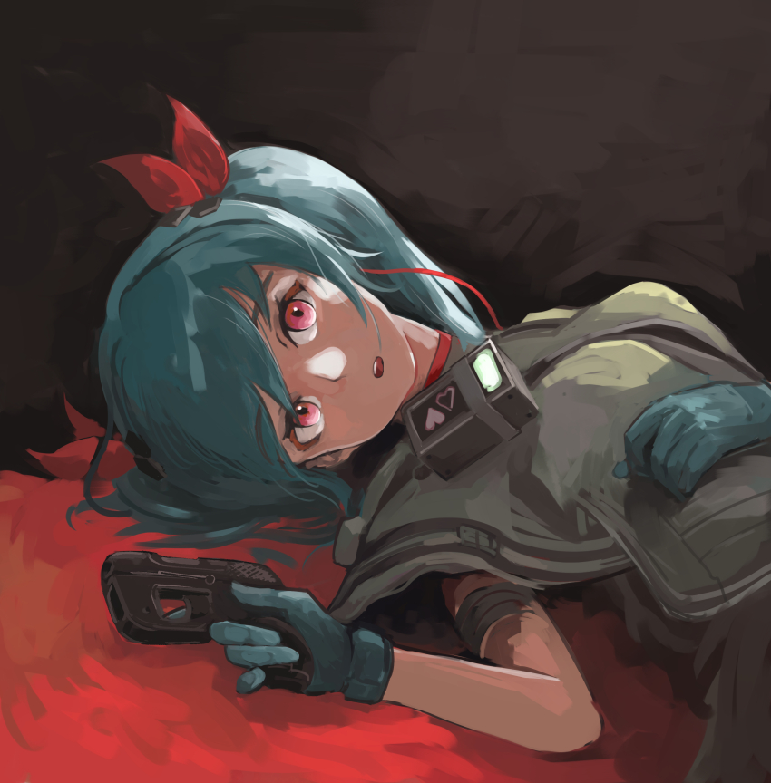 1girl absurdres blue_gloves blue_hair colphne_(girls&#039;_frontline_2) girls&#039;_frontline girls&#039;_frontline_2:_exilium gloves gun hair_ribbon handgun highres holding holding_gun holding_weapon looking_at_viewer lying ohyatupuru on_back parted_lips pistol pocket_pistol red_eyes red_ribbon ribbon simple_background solo taurus_curve twintails upper_body weapon