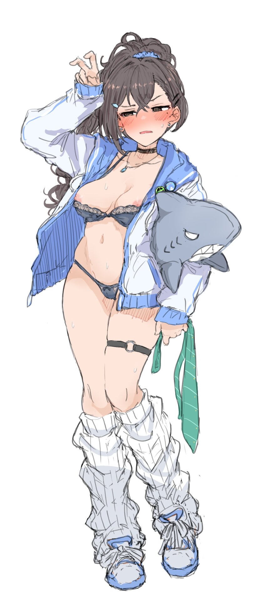1girl absurdres arm_up averting_eyes bent_v black_bra black_choker black_hair black_panties blush bra breasts cameltoe choker earrings full_body highres holding_necktie hood hooded_jacket idolmaster idolmaster_cinderella_girls jacket jewelry long_hair loose_socks medium_breasts micro_panties mole mole_under_eye multicolored_jacket navel necktie nipple_slip nipples nose_blush o-ring o-ring_thigh_strap open_clothes open_jacket panties ponytail simple_background socks solo stomach stud_earrings stuffed_animal stuffed_shark stuffed_toy sunazuka_akira sweat thigh_strap two-sided_fabric two-sided_jacket two-tone_jacket underwear unworn_necktie v wasabijoyu76 white_background white_socks