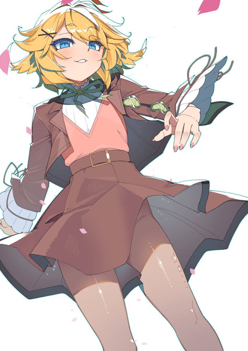 1girl absurdres belt belt_buckle blonde_hair blue_eyes blue_outline brown_belt brown_jacket brown_pantyhose brown_skirt buckle commentary convenient_censoring cropped_jacket dokibird_(vtuber) dokibird_(vtuber)_(bounty_hunter) english_commentary falling_petals fang feather_hair green_ribbon hair_between_eyes hair_ornament high-waist_skirt highres indie_virtual_youtuber jacket long_sleeves looking_at_viewer nail_polish neck_ribbon official_alternate_costume open_clothes open_jacket outline pantyhose parted_lips petals pink_nails pink_petals pink_vest ribbon riza23 shirt short_hair simple_background skin_fang skirt solo star_(symbol) upskirt vest virtual_youtuber white_background white_shirt x_hair_ornament