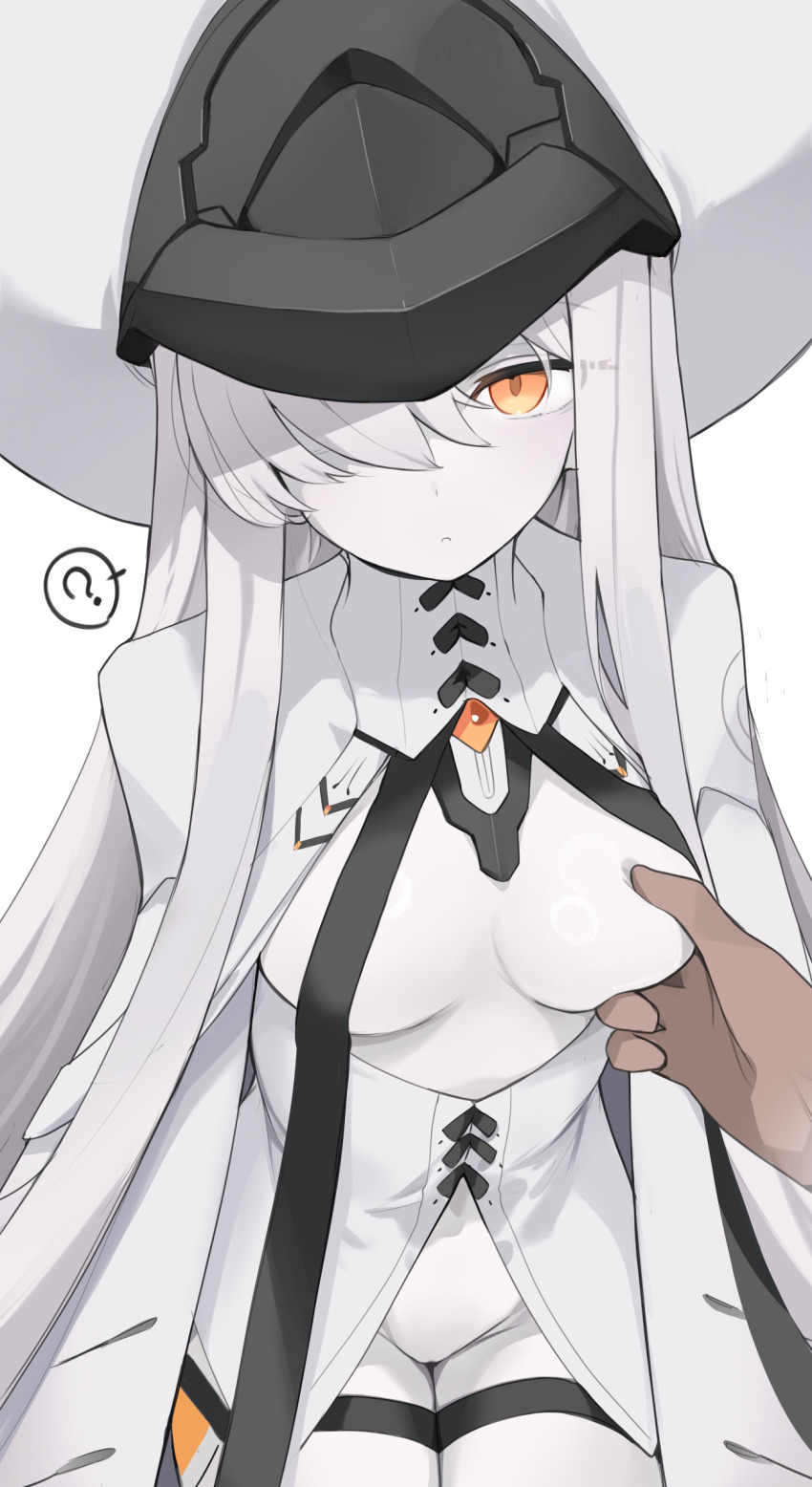 1boy 1girl ? blue_archive breasts commentary grabbing_another&#039;s_breast groping hair_over_one_eye hat hetero highres long_hair looking_at_viewer malkuth_(blue_archive) medium_breasts mikozin orange_eyes pale_skin pov solo_focus spoken_question_mark thigh_strap white_hair white_hat