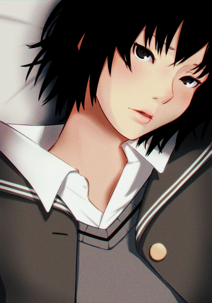 1girl absurdres amagami black_eyes black_hair black_jacket blazer blush close-up collared_shirt commentary dress_shirt film_grain grey_sweater highres jacket kibito_high_school_uniform lips looking_at_viewer looking_up lying nanasaki_ai nose on_back on_bed open_clothes open_jacket oshizu parted_lips pink_lips portrait school_uniform shirt solo sweater white_shirt