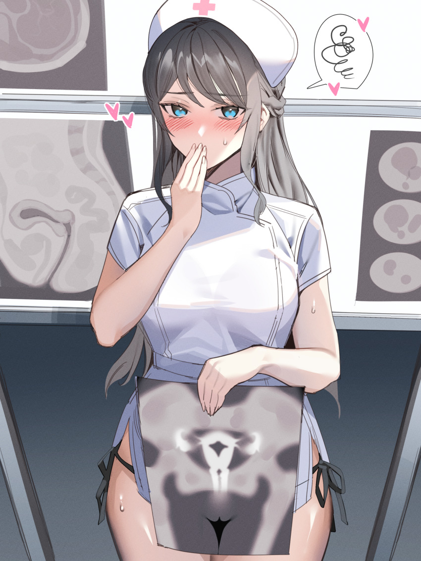 1girl absurdres black_panties blue_eyes blush bone braid breasts cameltoe cervix cross-section dress fallopian_tubes french_braid grey_hair heart highres holding kitazawa_(embers) long_hair looking_at_viewer medium_breasts nurse original ovaries panties pelvis pussy short_dress short_sleeves side-tie_panties sidelocks skeleton solo speech_bubble spoken_squiggle squiggle standing underwear uterus white_dress x-ray_film