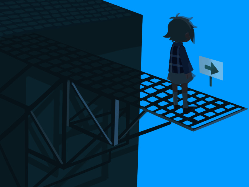 1girl antenna_hair arms_at_sides arrow_(symbol) blue_background building catwalk_(walkway) commentary_request facing_away floating floating_object from_behind high_contrast highres kneehighs long_sleeves plaid_clothes plaid_vest purple_sweater purple_vest rooftop shoes short_hair sign simple_background skirt socks solo standing suyazzz_(soyoyon) sweater tile_roof turtleneck turtleneck_sweater urotsuki vest white_skirt wide_shot yume_2kki