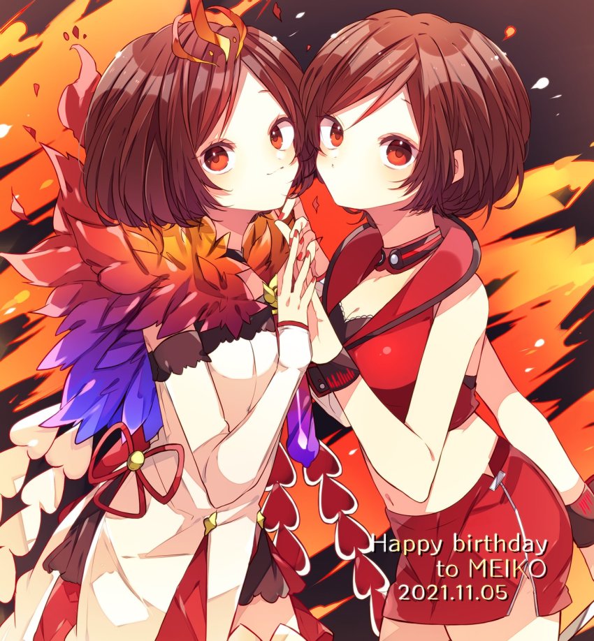 2girls bare_arms black_background brown_hair character_name choker closed_mouth commentary crop_top dated dot_mouth dress dual_persona feathers fire happy_birthday highres holding_hands kaho_0102 magical_mirai_(vocaloid) magical_mirai_meiko magical_mirai_meiko_(2021) meiko_(vocaloid) meiko_(vocaloid3) midriff miniskirt multiple_girls nail_polish navel palms_together red_eyes red_nails red_shirt red_skirt shirt short_hair skirt smile vocaloid white_dress white_sleeves wrist_cuffs