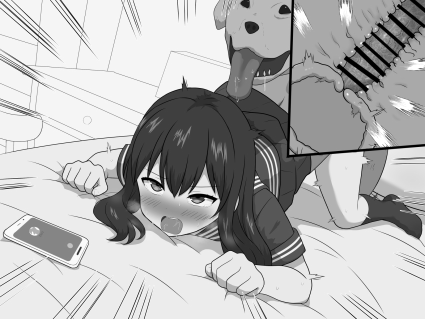 1boy 1girl ahegao animal_ears animal_penis bar_censor bed bedroom bestiality blush cellphone censored clothed_sex dog dog_ears dog_penis doggystyle highres huge_penis interspecies long_hair looking_at_viewer monochrome on_bed open_mouth penis phone rolling_eyes saliva school_uniform sex sex_from_behind tongue tongue_out top-down_bottom-up veins veiny_penis x-ray