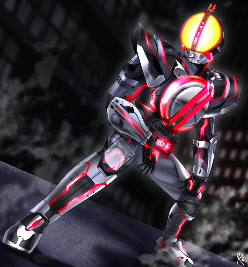 1boy absurdres armor armored_bodysuit belt black_armor bodysuit broad_shoulders chest_armor rider_belt faiz_driver full_body glowing glowing_eyes glowing_lines helmet highres kamen_rider kamen_rider_555 kamen_rider_555:_paradise_regained kamen_rider_faiz kamen_rider_next_faiz male_focus power_armor reiei_8 rider_belt shoulder_armor solo squatting tokusatsu white_armor yellow_eyes