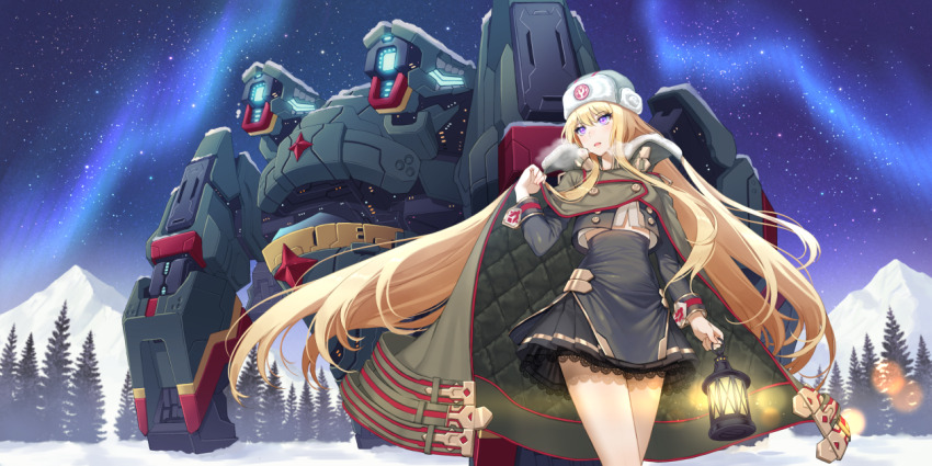 1girl aqua_hat aurora bare_legs blonde_hair blue_sky breath buttons character_request coat collared_coat commentary dated_commentary double-breasted final_gear forest fur_hat game_cg green_coat green_sleeves hat hiraris holding holding_coat holding_lantern holding_unworn_clothes horizontal-striped_belt horizontal-striped_skirt horizontal-striped_sleeve_cuffs lace lace-trimmed_skirt lace_trim lantern layered_skirt light_blush light_particles long_hair long_sidelocks long_sleeves loose_hair_strand mecha midriff_peek mountain natasha_(final_gear) nature official_art open_mouth outdoors outstretched_arm pleated_skirt puffy-trimmed_coat puffy-trimmed_collar purple_eyes red_stripes robot sidelocks single_horizontal_stripe skirt sky sleeve_cuffs snow standing star_(sky) starry_sky striped_clothes striped_headwear tree two-tone_belt two-tone_sleeve_cuffs unworn_coat ushanka very_long_hair very_long_sidelocks yellow_stripes