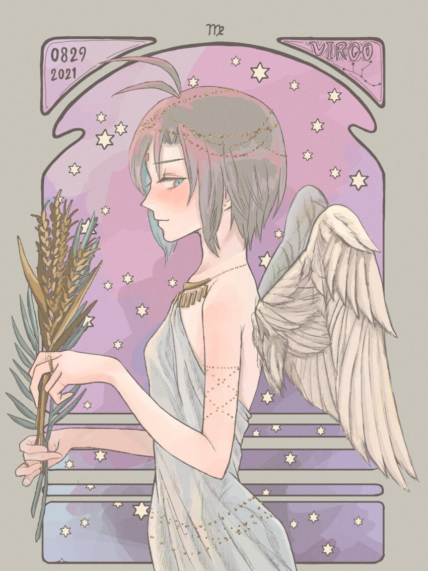 6unip angel_wings antenna_hair black_hair blue_eyes dress from_side highres idolmaster idolmaster_(classic) kikuchi_makoto looking_back parted_bangs sidelocks virgo_(constellation) white_dress wings