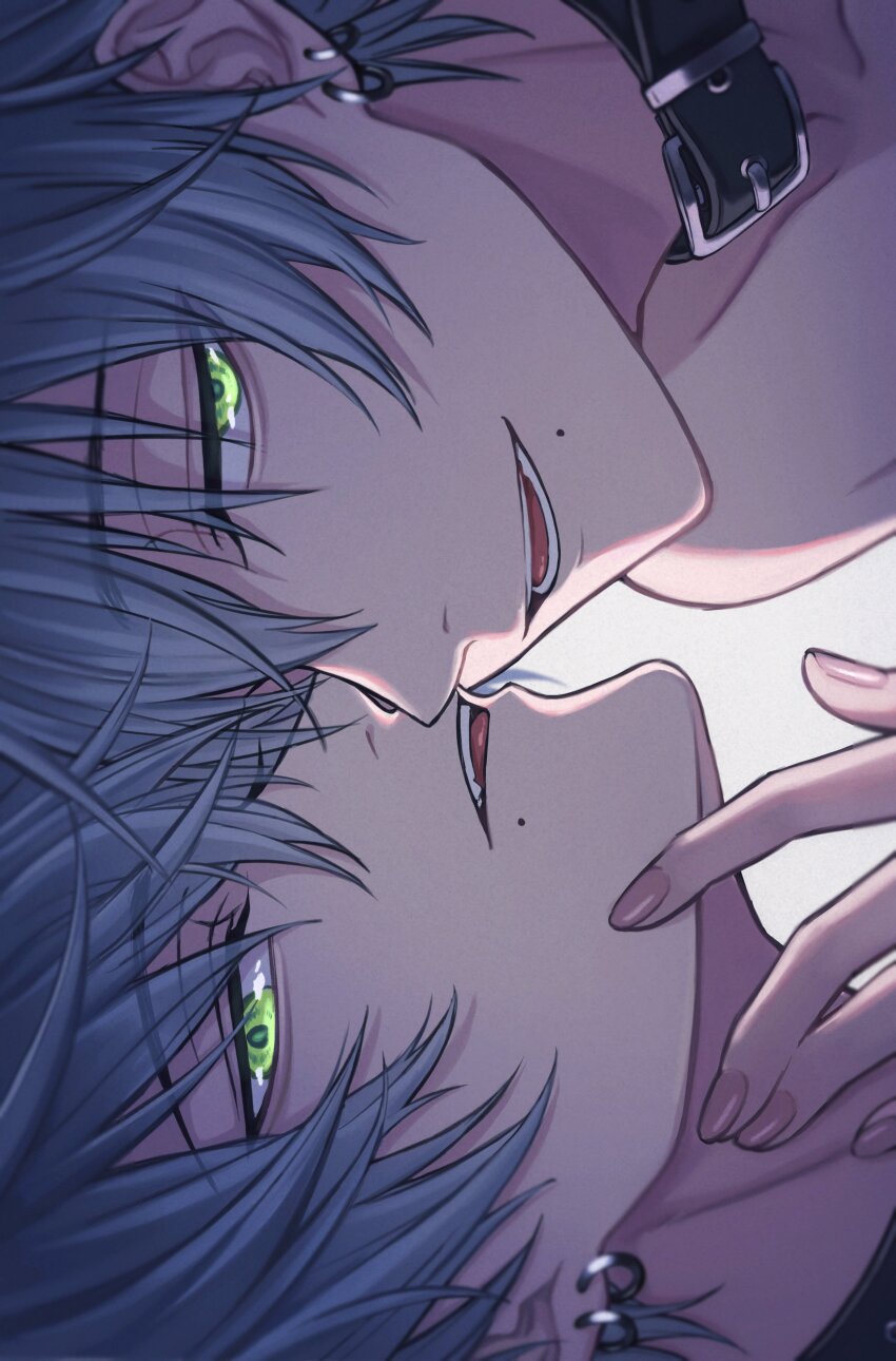 2boys absurdres bare_shoulders belt_collar black_collar close-up collar collarbone commentary_request earrings face-to-face fingernails green_eyes grey_hair hand_on_another&#039;s_face highres jewelry looking_at_viewer male_focus mole mole_under_mouth moxamog multiple_boys open_mouth original short_hair siblings smile teeth topless_male twins white_background