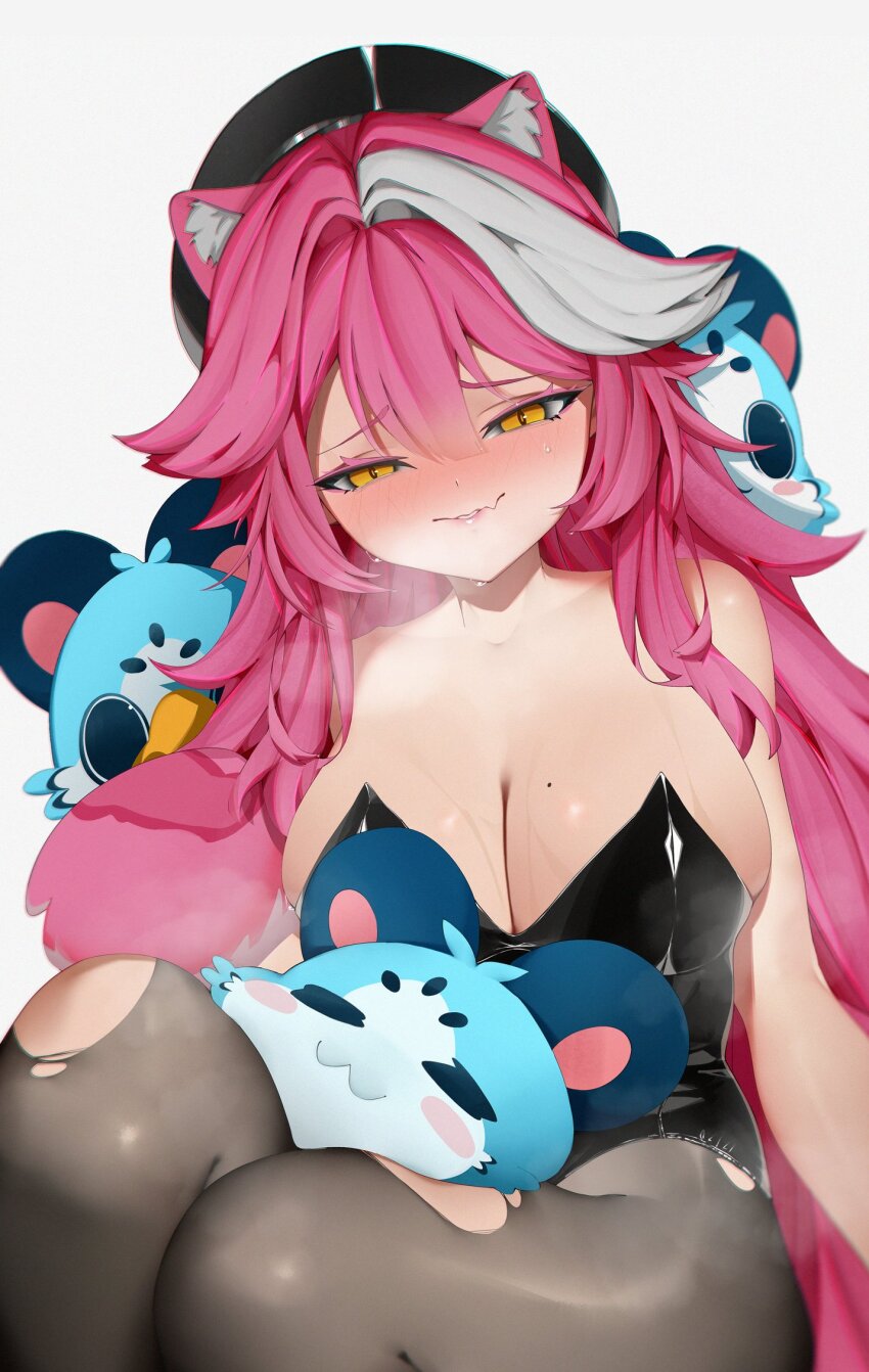 1girl :3 animal animal_ears animal_on_lap bare_shoulders beret between_thighs black_hat black_leotard black_pantyhose blush breasts chattino_(raora_panthera) cleavage collarbone colored_eyelashes commentary english_commentary eyeshadow fang hair_intakes hat highres hololive hololive_english large_breasts leotard long_hair looking_down makeup mole mole_on_breast multicolored_hair on_lap panther_ears panther_girl panther_tail pantyhose pink_eyeshadow pink_hair pink_lips raora_panthera rieko_(kuusairieko) shiny_skin sitting skin_fang smile strapless strapless_leotard sweat tail thighs torn_clothes torn_pantyhose virtual_youtuber white_background yellow_eyes
