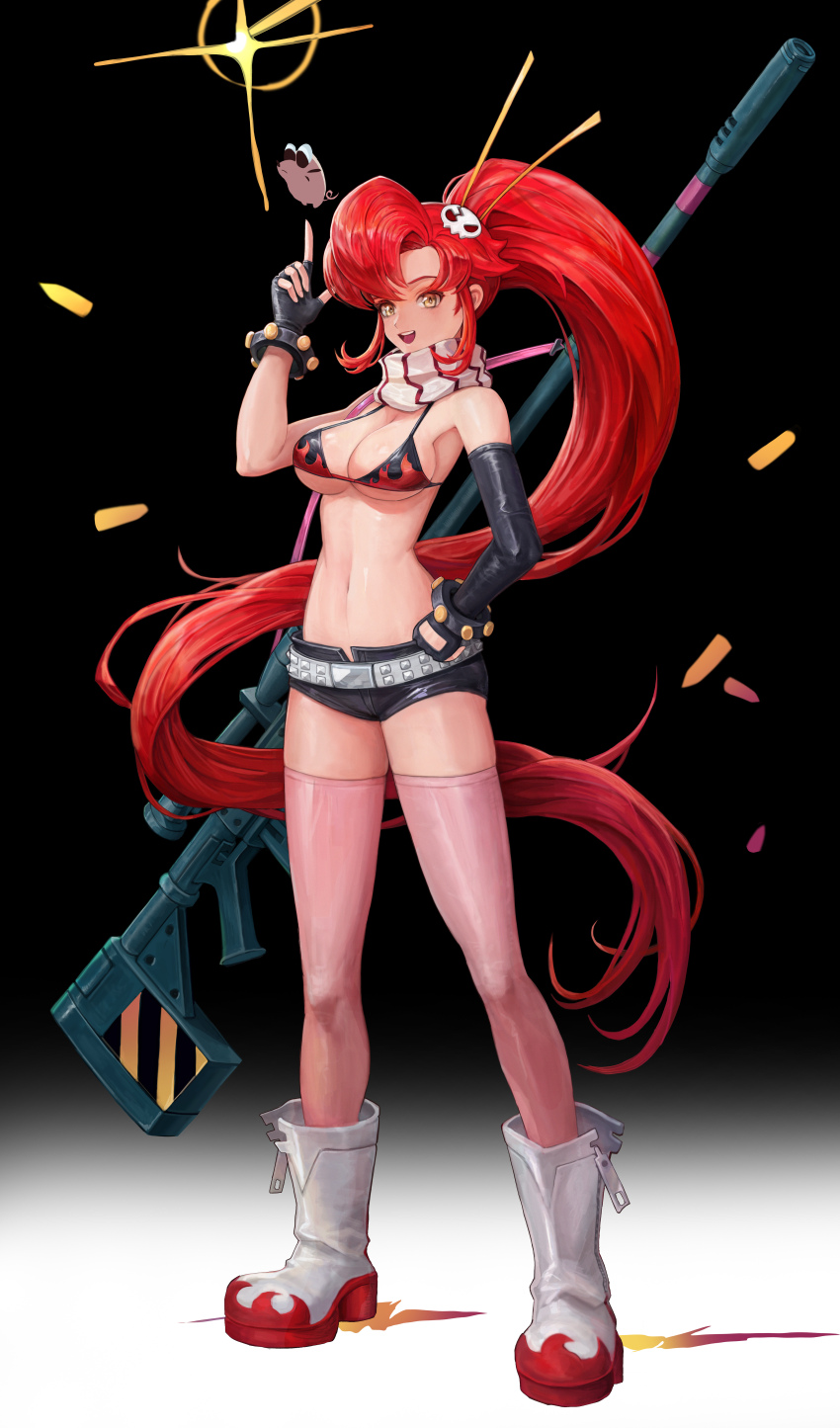 1girl :d absurdres belt bikini bikini_top_only black_background black_gloves black_shorts boota_(ttgl) boots breasts elbow_gloves finger_gun fingerless_gloves full_body gloves gun hair_ornament hand_on_own_hip high_ponytail highres jitaegim large_breasts long_hair navel open_fly open_mouth pink_thighhighs ponytail red_hair rifle shell_casing short_shorts shorts skull_hair_ornament smile sniper_rifle solo stomach strap swimsuit tengen_toppa_gurren_lagann thighhighs thighs very_long_hair weapon yellow_eyes yoko_littner