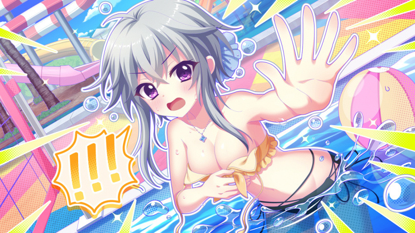 ! !! 1girl ahoge ball beachball ben-day_dots bikini black_bikini blue_gemstone blue_sky blush breasts cleavage cloud day dot_nose dutch_angle emphasis_lines film_grain game_cg gem grey_hair hand_on_own_chest ichijou_ruka izumi_tsubasu jewelry medium_breasts mismatched_bikini navel necklace non-web_source official_art open_mouth outdoors outline outstretched_arm partially_submerged purple_eyes re:stage! screentones short_hair_with_long_locks sky solo sparkle swimsuit thick_outlines wardrobe_malfunction water_drop water_slide waterpark white_outline yellow_bikini