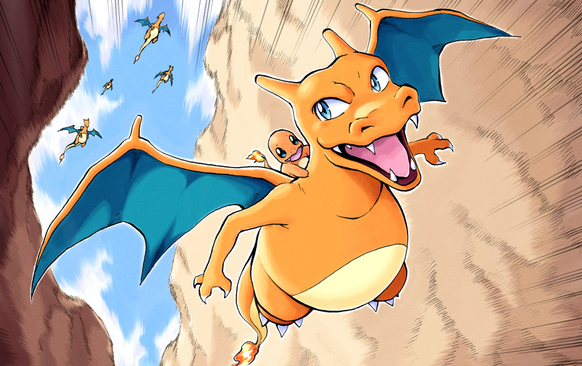 absurdres blue_eyes charizard charmander claws cloud commentary day fire flame-tipped_tail gen_1_pokemon highres motion_lines nintendo no_humans open_mouth outdoors pokemon pokemon_(creature) pokemon_focus riding riding_pokemon seb sky tail teeth tongue