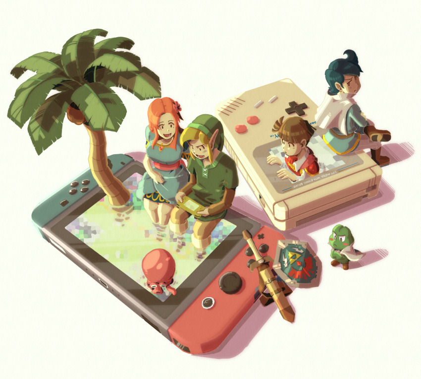 cape coconut dress flower frog game_boy game_boy_(original) hair_flower hair_ornament handheld_game_console hat highres hylian_shield kaeru_no_tame_ni_kane_wa_naru link marin_(zelda) nintendo nintendo_switch octorok palm_tree playing_games pointy_ears prince_richard_(kaeru_no_tame_ni_kane_wa_naru) sabure_oukoku_no_ouji shield sitting sword the_legend_of_zelda the_legend_of_zelda:_link&#039;s_awakening through_medium through_screen tree weapon yukifuru2626