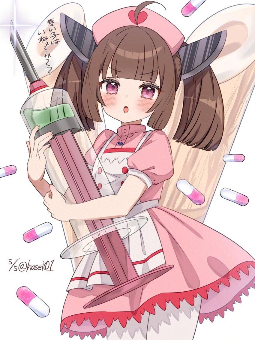 1girl :o absurdres ahoge apron blunt_bangs blush brown_hair commentary_request cowboy_shot dated dress hasei_(hasei01) hat headgear highres holding holding_syringe kiritanpo_(food) looking_at_viewer nurse_cap open_mouth pantyhose pill pink_dress pink_eyes pink_hat short_hair short_sleeves simple_background solo syringe touhoku_kiritan translation_request twitter_username v-shaped_eyebrows voiceroid white_apron white_background white_pantyhose